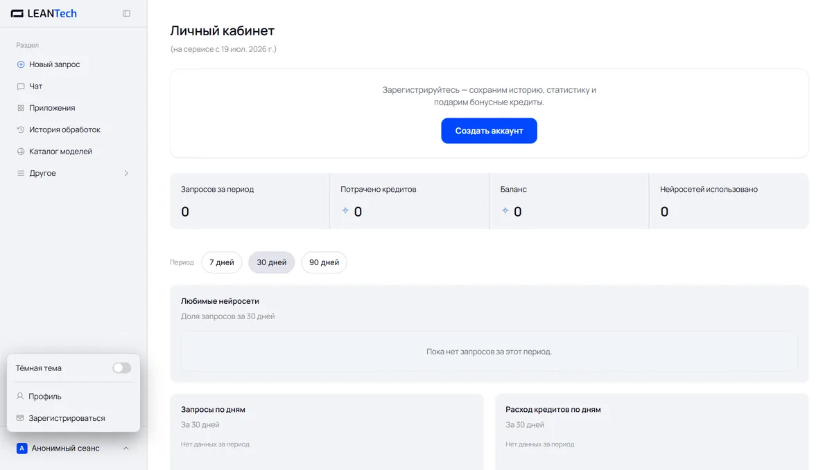 Стартовый экран платформы: выбор нейросети Rytr без VPN